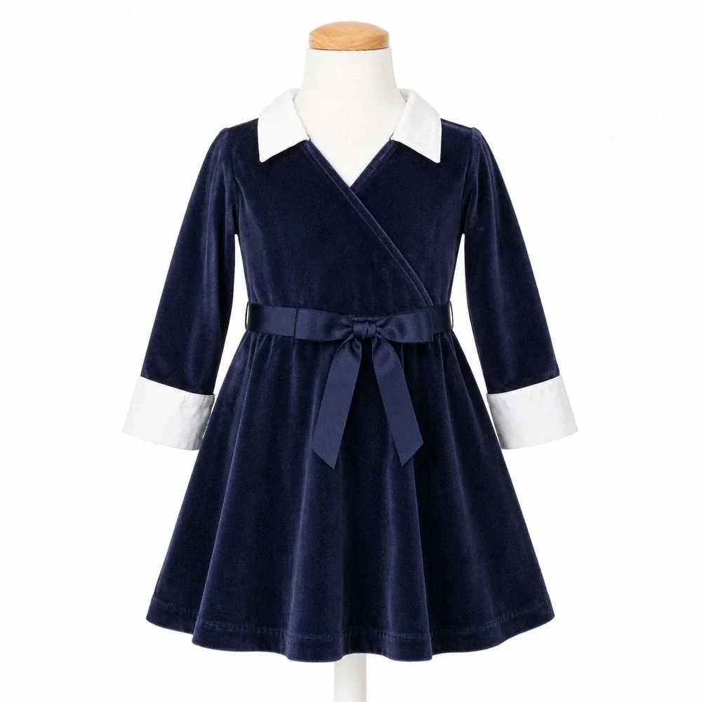 Ralph Lauren Velvet Dress Girls 2T Navy Blue Preppy Holiday Ribbon Tie Monogram
